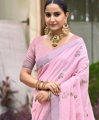 baby pink linen woven work traditional saree 2