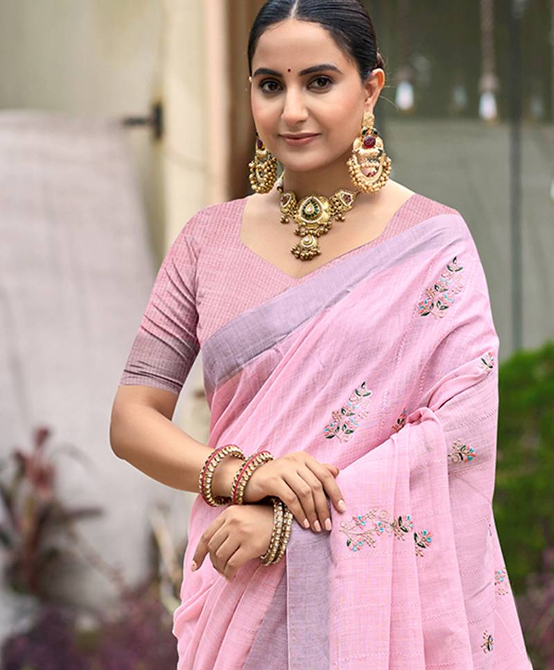 baby pink linen woven work traditional saree