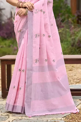 baby pink linen woven work traditional saree