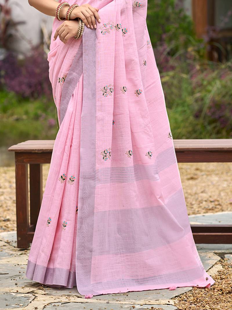 baby pink linen woven work traditional saree