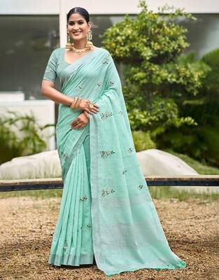 turquoise linen woven work traditional saree 1