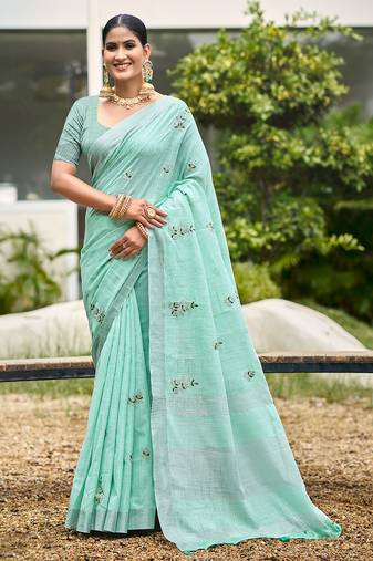 turquoise linen woven work traditional saree