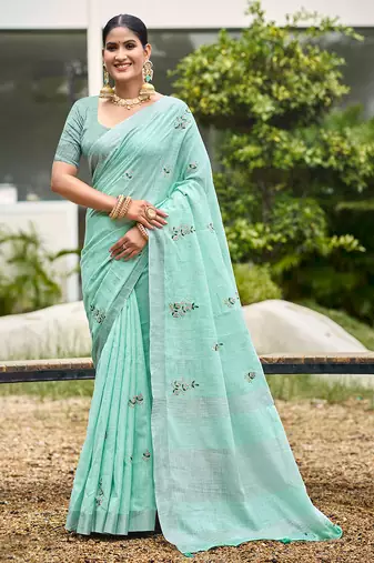 turquoise linen woven work traditional saree