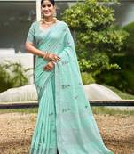 turquoise linen woven work traditional saree