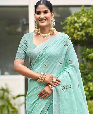 turquoise linen woven work traditional saree 2