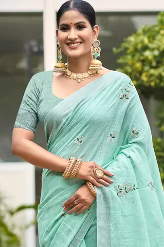 turquoise linen woven work traditional saree