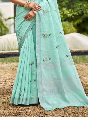 turquoise linen woven work traditional saree 3