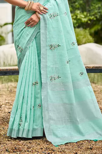 turquoise linen woven work traditional saree