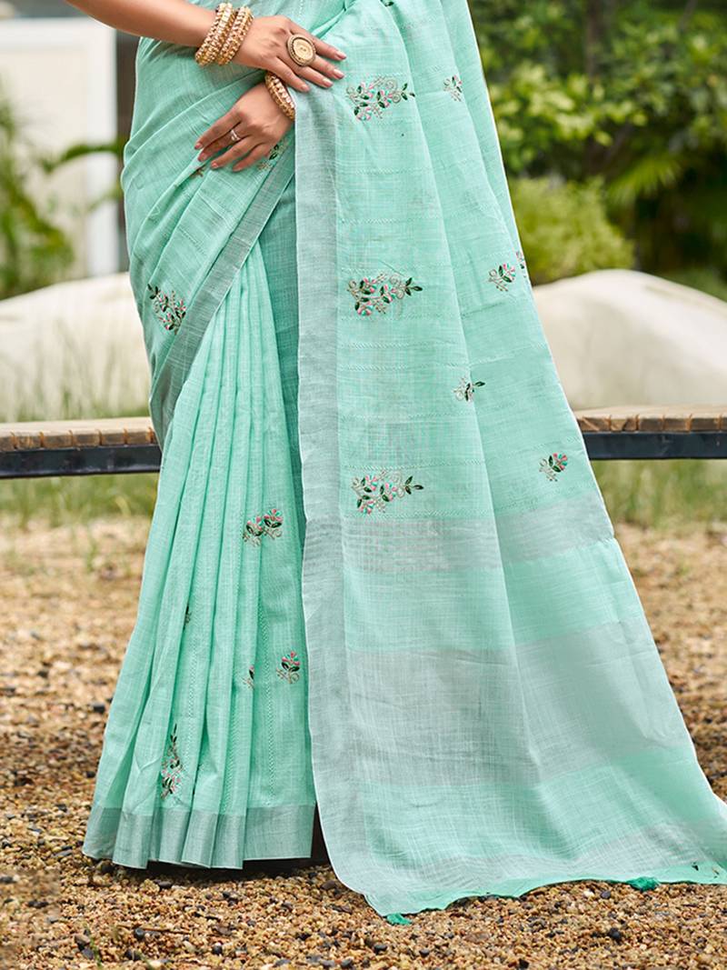 turquoise linen woven work traditional saree