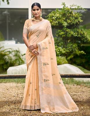 light peach linen woven work traditional saree 1