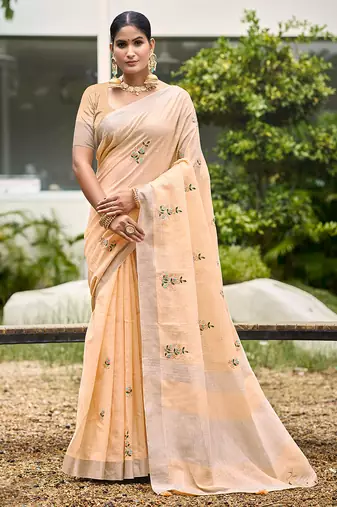 light peach linen woven work traditional saree