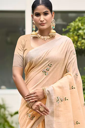 light peach linen woven work traditional saree