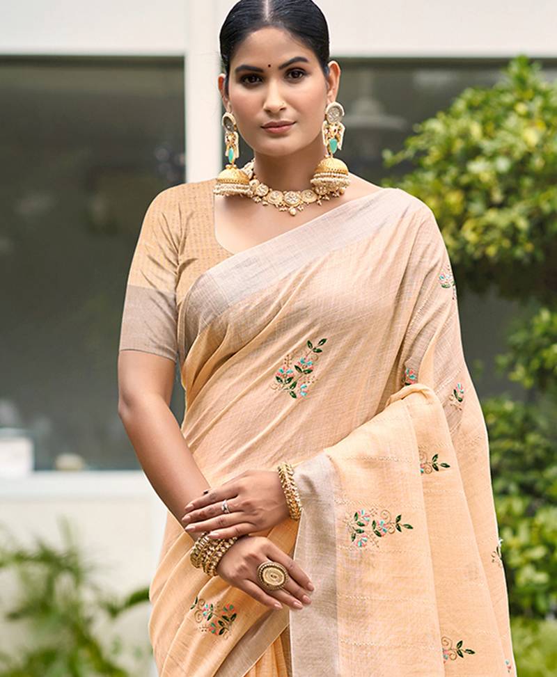 light peach linen woven work traditional saree