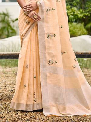 light peach linen woven work traditional saree 3