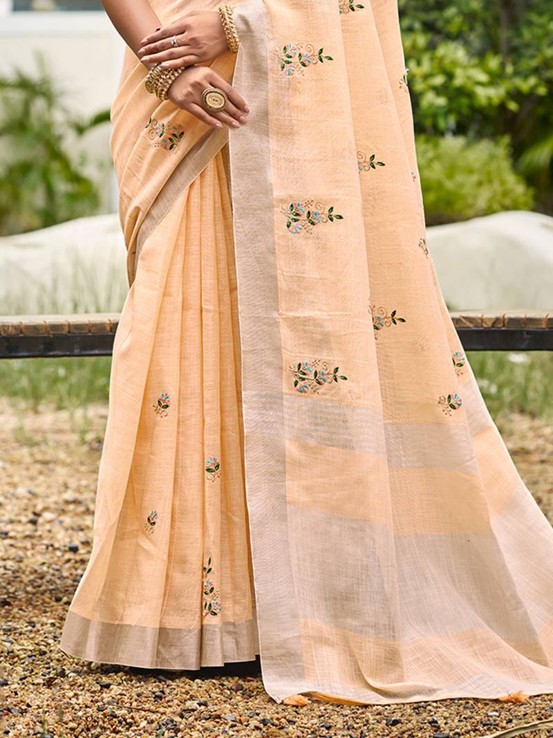 light peach linen woven work traditional saree