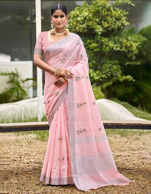 light pink linen woven work traditional saree 1