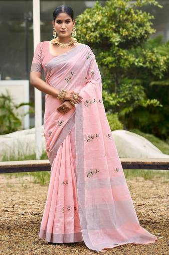 light pink linen woven work traditional saree