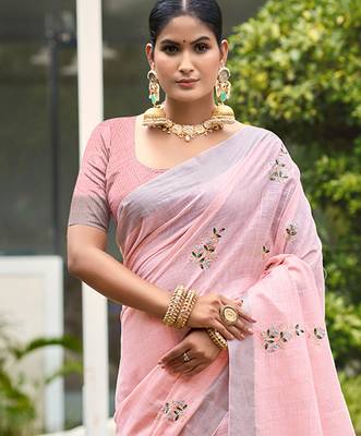 light pink linen woven work traditional saree 2