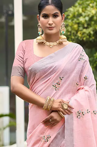 light pink linen woven work traditional saree