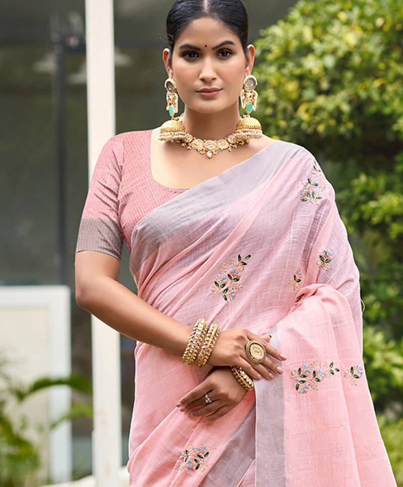 light pink linen woven work traditional saree