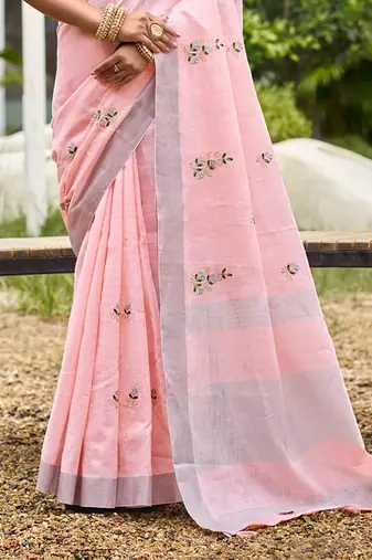 light pink linen woven work traditional saree