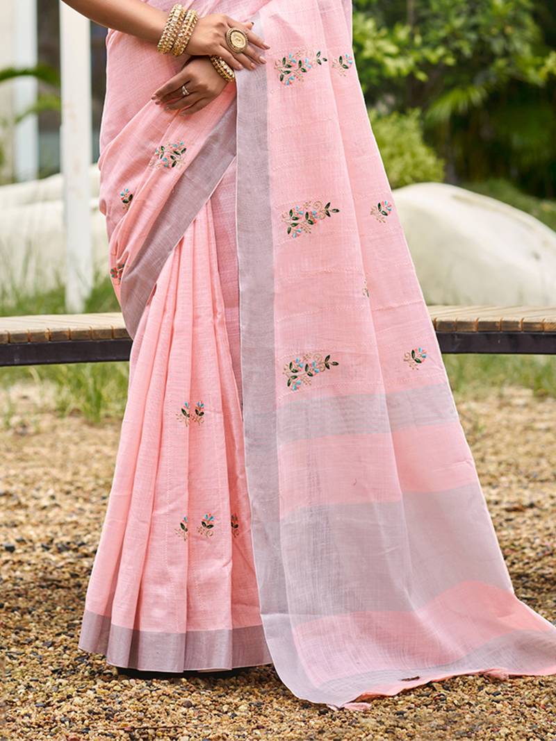 light pink linen woven work traditional saree