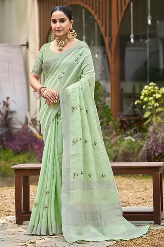 green linen woven work traditional saree