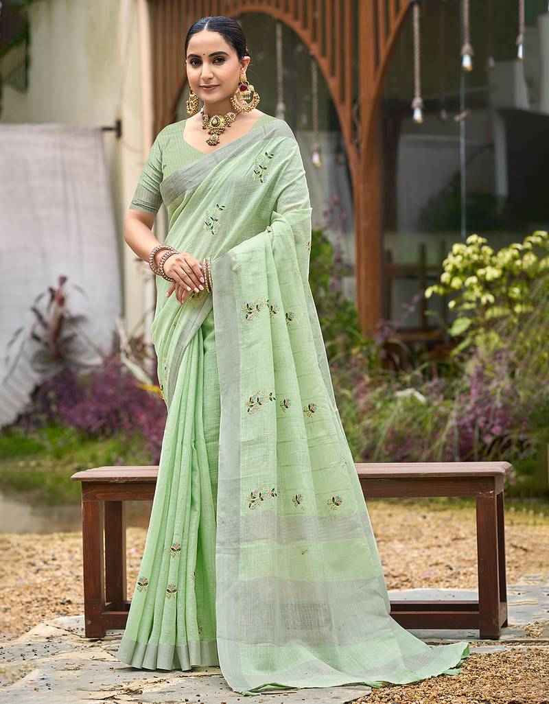 green linen woven work traditional saree