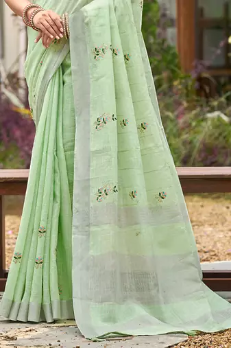 green linen woven work traditional saree