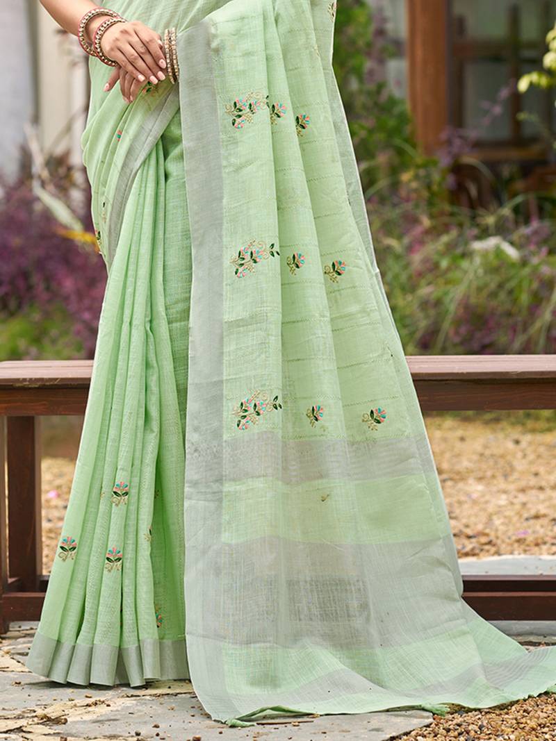 green linen woven work traditional saree