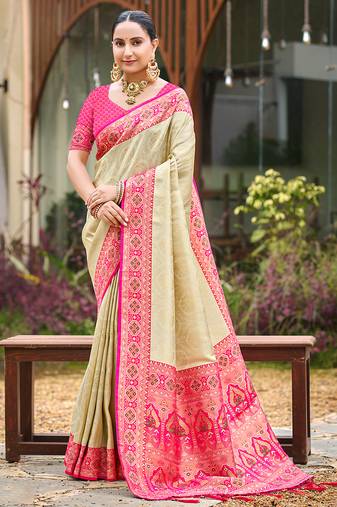 border pink with sari cream silk blend woven work traditional saree