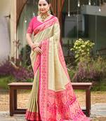 border pink with sari cream silk blend woven work traditional saree
