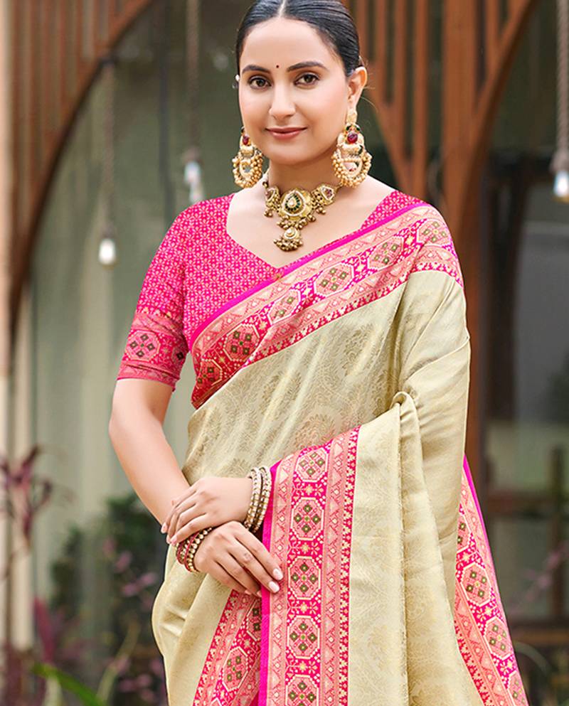 border pink with sari cream silk blend woven work traditional saree