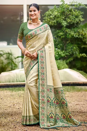 border green with sari cream silk blend woven work traditional saree