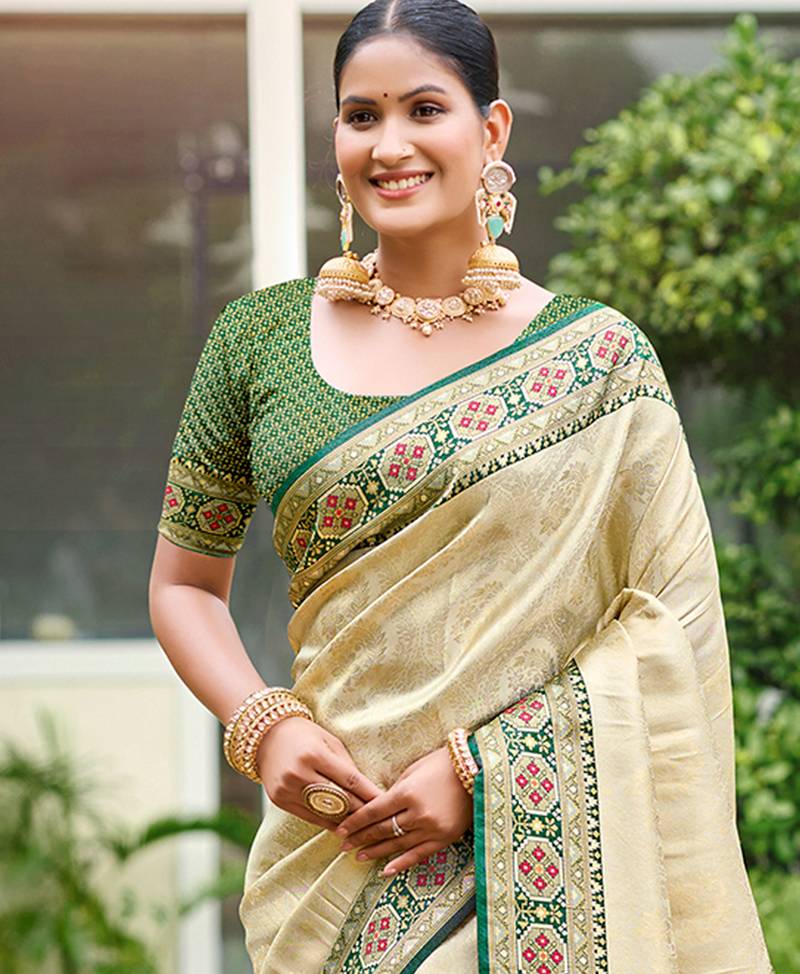border green with sari cream silk blend woven work traditional saree