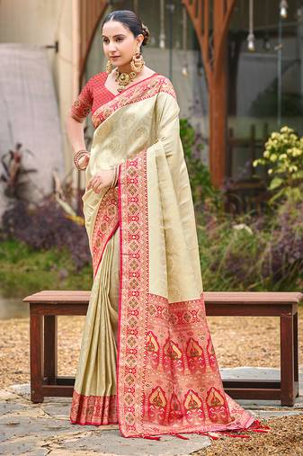 border red with sari cream silk blend woven work traditional saree