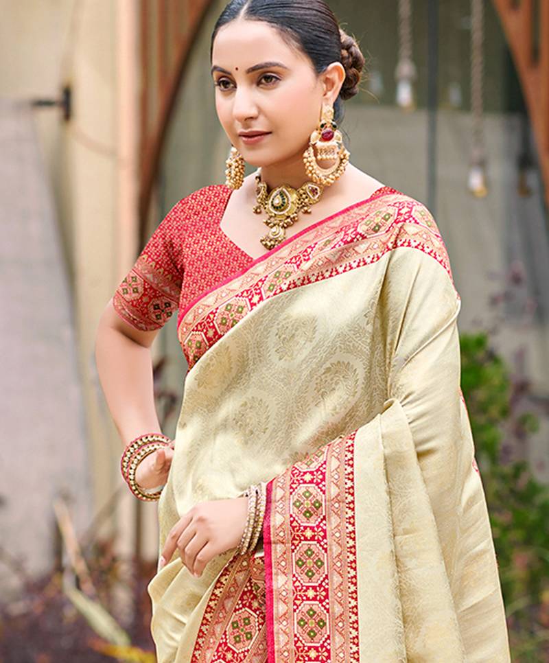 border red with sari cream silk blend woven work traditional saree