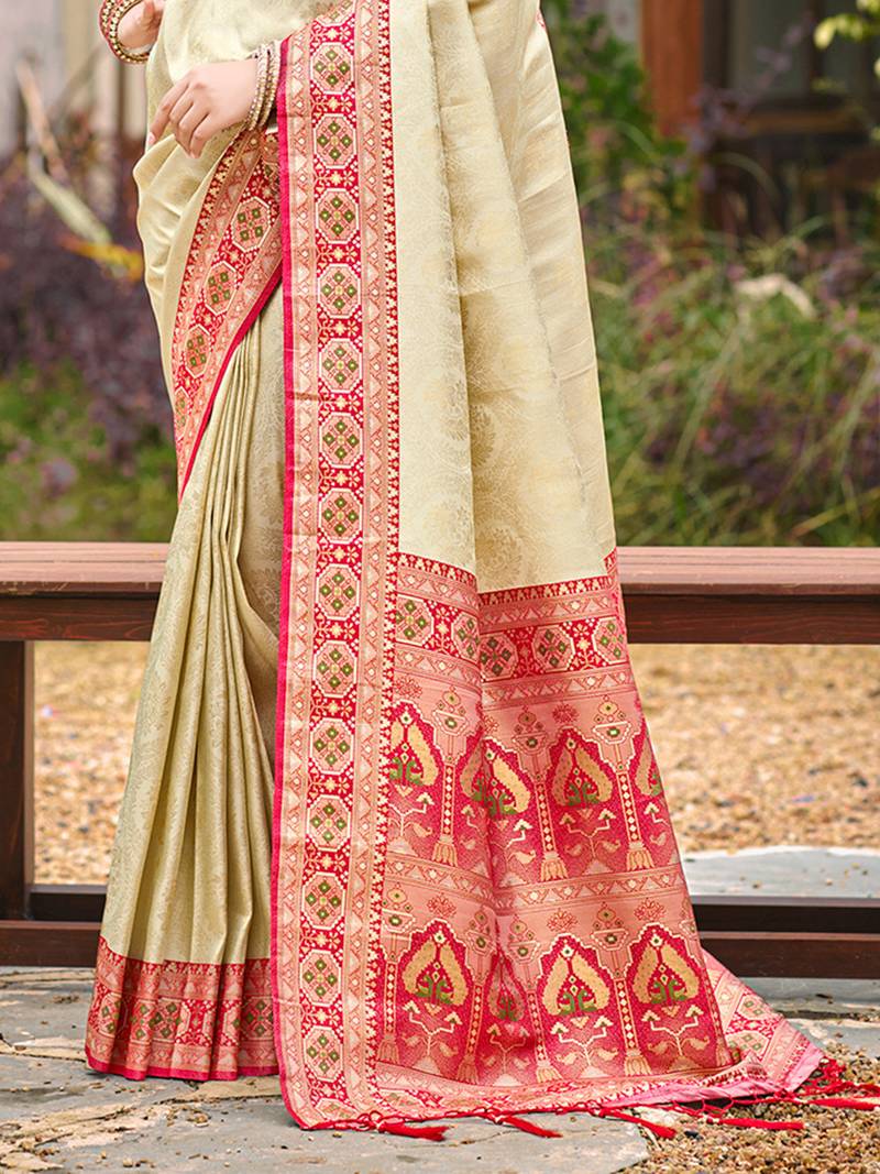border red with sari cream silk blend woven work traditional saree