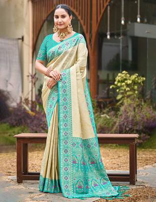 border turquoise with sari cream silk blend woven work traditional saree 1