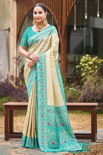 border turquoise with sari cream silk blend woven work traditional saree