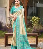 border turquoise with sari cream silk blend woven work traditional saree