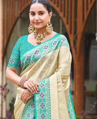 border turquoise with sari cream silk blend woven work traditional saree 2