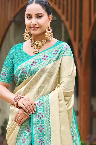 border turquoise with sari cream silk blend woven work traditional saree