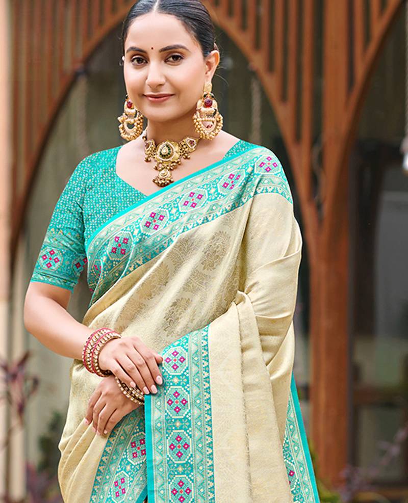 border turquoise with sari cream silk blend woven work traditional saree