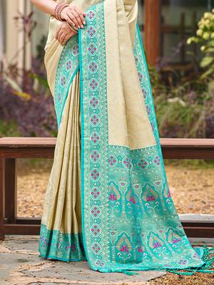 border turquoise with sari cream silk blend woven work traditional saree 3
