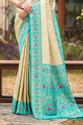 border turquoise with sari cream silk blend woven work traditional saree