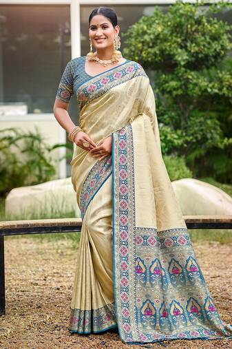 border blue with sari cream silk blend woven work traditional saree