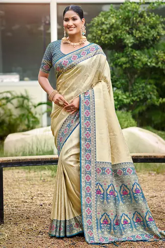 border blue with sari cream silk blend woven work traditional saree