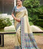 border blue with sari cream silk blend woven work traditional saree