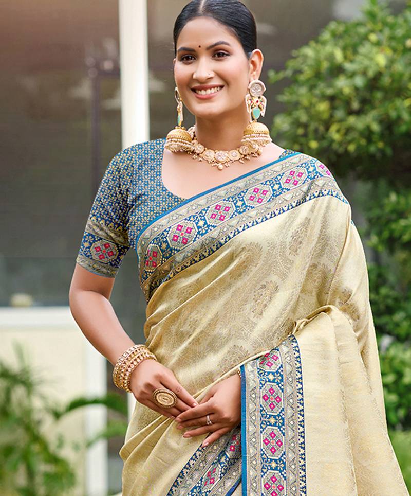 border blue with sari cream silk blend woven work traditional saree